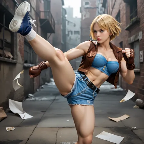 score_9, LuciaSFV, 1girl, short hair, blonde, big breasts, voluptuous and toned body, blue denim sports bra, brown vest, brown fingerless gloves, denim shorts, black belt, socks, blue sneakers, high kick, dynamic pose, cool pose, foreshortening, dynamic sh...