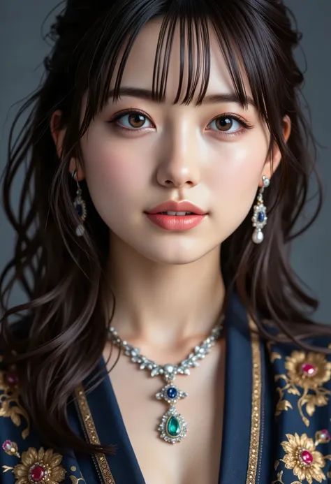 Top quality, delicate face, best quality, masterpiece, ultra high definition, (reality: 1.4), original photo, 1Girl, brown eyes, cinematic lighting, dark eyeliner, small earrings, small necklace, wind, piercing, very big breasts, big, cleavage, happy smile...