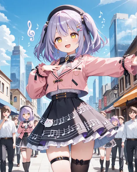 (best quality,amazing quality,very aesthetic,absurdres,newest,4k,8k), ShinomiyaMagical, medium hair, two side up, hat, pink jacket, black bowtie, black skirt, asymmetrical thighhigh, purple hair, yellow eyes, singing, hand on chest,(smile:1.2), outside, Ci...