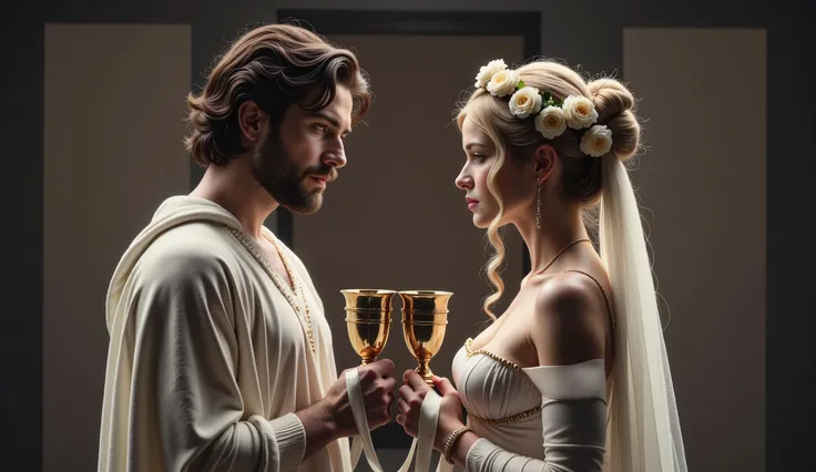 Realistic, cinematic-style scene: Theseus, dark-haired and bearded, and Antíope, a blonde Amazon queen, are getting married. Both are dressed in elegant white tunics. Antíope wears a tiara of white roses with a silk garland. They each hold golden chalices,...
