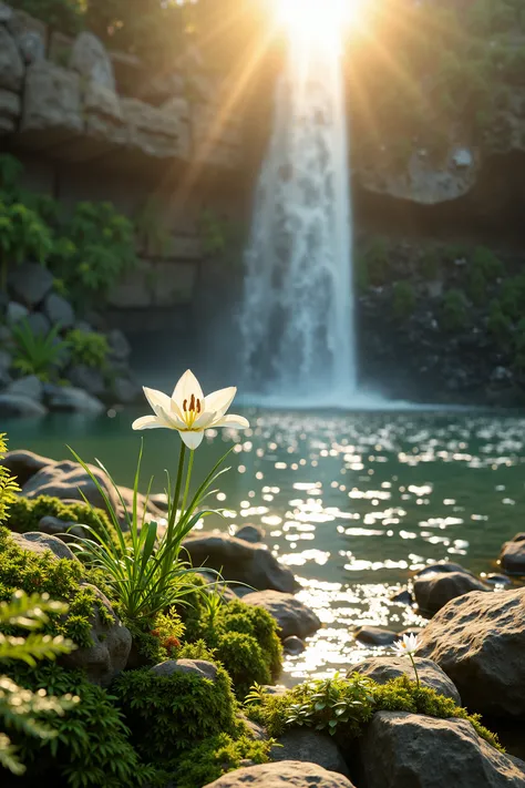 ((Photorealistic wide-angle scene, 4:3 aspect ratio)) of a natural rocky landscape at golden hour, with a (white lily) in the foreground, slightly leaning toward the incoming sunlight, growing between (rugged, moss-covered rocks with scattered ferns) — beh...