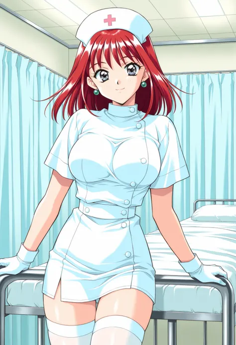 Score_9, score_8_up, score_7_up, source_anime, TachibanaMayumi, solo, red hair, medium hair, jewelry, earrings, grey eyes, bangs, large breasts, 1990s (style), kadoi aya style, (best quality), (high quality), {masterpiece}, extremely delicate and beautiful...