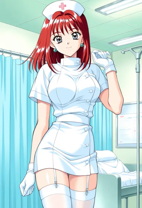 Score_9, score_8_up, score_7_up, source_anime, TachibanaMayumi, solo, red hair, medium hair, jewelry, earrings, grey eyes, bangs, large breasts, 1990s (style), kadoi aya style, (best quality), (high quality), {masterpiece}, extremely delicate and beautiful...