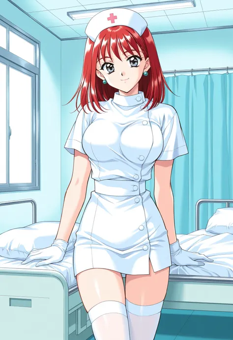 Score_9, score_8_up, score_7_up, source_anime, TachibanaMayumi, solo, red hair, medium hair, jewelry, earrings, grey eyes, bangs, large breasts, 1990s (style), kadoi aya style, (best quality), (high quality), {masterpiece}, extremely delicate and beautiful...