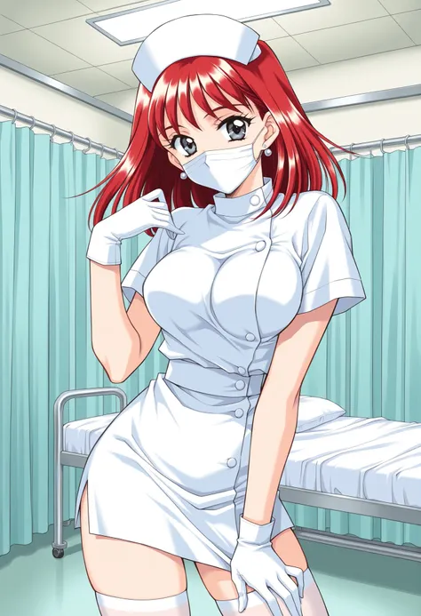 Score_9, score_8_up, score_7_up, source_anime, TachibanaMayumi, solo, red hair, medium hair, jewelry, earrings, grey eyes, bangs, large breasts, 1990s (style), kadoi aya style, (best quality), (high quality), {masterpiece}, extremely delicate and beautiful...