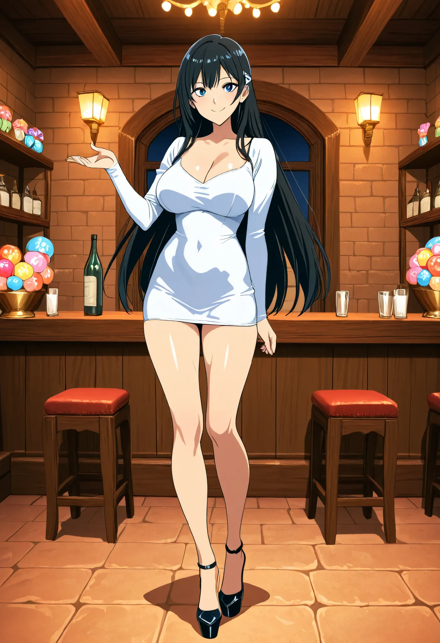 Anime-style elegant woman at a festive party, wearing a tight white long-sleeve bodycon mini dress and nude platform heels. She has long, straight black hair, big expressive eyes, and a bright, confident smile. The scene includes colorful balloons, decorat...