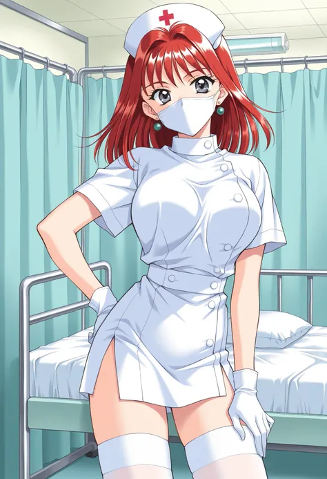 Score_9, score_8_up, score_7_up, source_anime, TachibanaMayumi, solo, red hair, medium hair, jewelry, earrings, grey eyes, bangs, large breasts, 1990s (style), kadoi aya style, (best quality), (high quality), {masterpiece}, extremely delicate and beautiful...