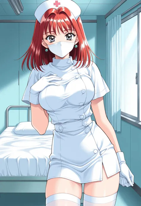 Score_9, score_8_up, score_7_up, source_anime, TachibanaMayumi, solo, red hair, medium hair, jewelry, earrings, grey eyes, bangs, large breasts, 1990s (style), kadoi aya style, (best quality), (high quality), {masterpiece}, extremely delicate and beautiful...