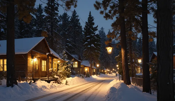 with high contrast neutral dark night highlighting the warm winter village scene with autumn tones. A quiet snowy pine forest surrounded by snow-covered pine trees and houses sparkling with night lights that emit warm light. Earthy tones and cozy colors cr...