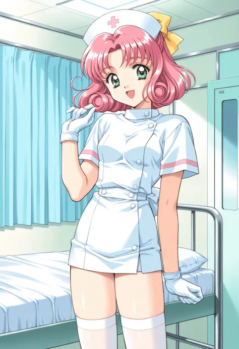 Score_9, score_8_up, score_7_up, source_anime, MinagawaNana, 1girl, solo, pink hair, short hair, green eyes, curly hair, hair ribbon, Yellow bow, small breasts, 1990s (style), kadoi aya style, (best quality), (high quality), {masterpiece}, extremely delica...