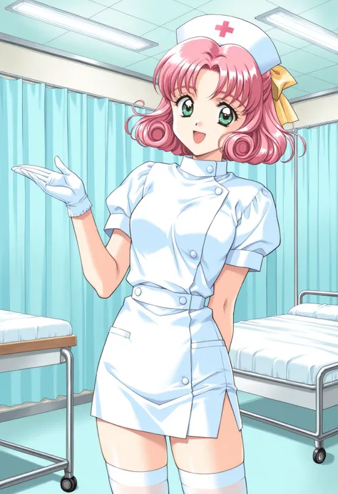 Score_9, score_8_up, score_7_up, source_anime, MinagawaNana, 1girl, solo, pink hair, short hair, green eyes, curly hair, hair ribbon, Yellow bow, small breasts, 1990s (style), kadoi aya style, (best quality), (high quality), {masterpiece}, extremely delica...