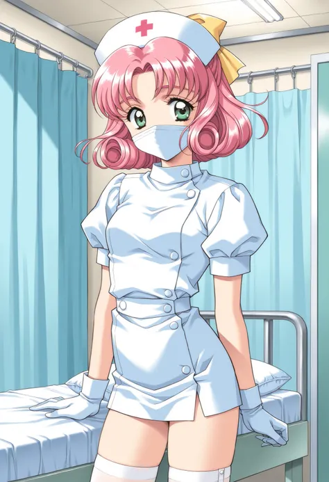 Score_9, score_8_up, score_7_up, source_anime, MinagawaNana, 1girl, solo, pink hair, short hair, green eyes, curly hair, hair ribbon, Yellow bow, small breasts, 1990s (style), kadoi aya style, (best quality), (high quality), {masterpiece}, extremely delica...
