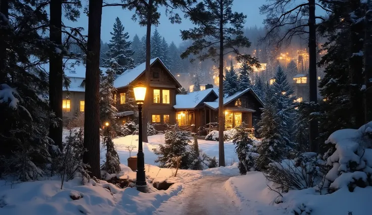 cross scene, with high contrast neutral dark night highlighting warm winter scenes with autumn tones. A quiet snowy pine forest surrounded by snow-covered pine trees and many houses sparkling with night lights emitting warm light. Earthy tones and cozy col...