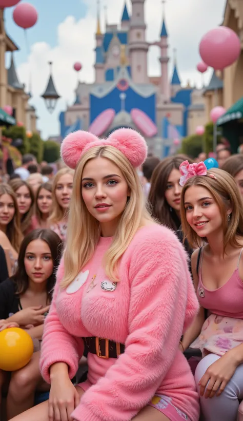  is very realistic and 、18 year old girl、(Europe)A very healthy、Blonde with blue eyes。wearing pink Hello Kitty clothes、wearing really big fluffy tops、There are a few young girls、I'm enjoying it。they're at Disney World。