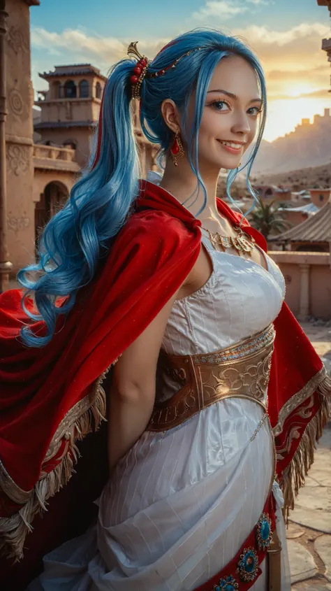 masterpiece, ((ultra detailed background, delicate pattern, intricate detail)), (highly detailed, fine details), best quality, beautiful lighting, (portrait), NefertariViviV3, 1girl, long hair, blue hair, solo, jewelry, earrings, ((red cape, white dress, s...