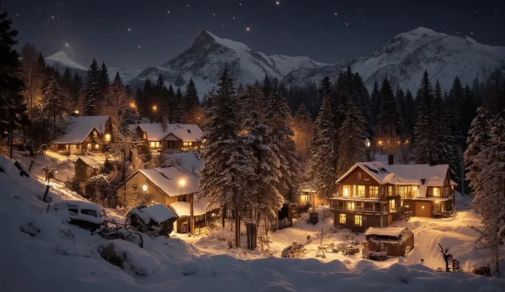 cross scene, with high contrast neutral dark night highlighting warm winter scenes with autumn tones. A quiet snowy pine forest surrounded by snow-covered pine trees and many houses sparkling with night lights emitting warm light. Earthy tones and cozy col...