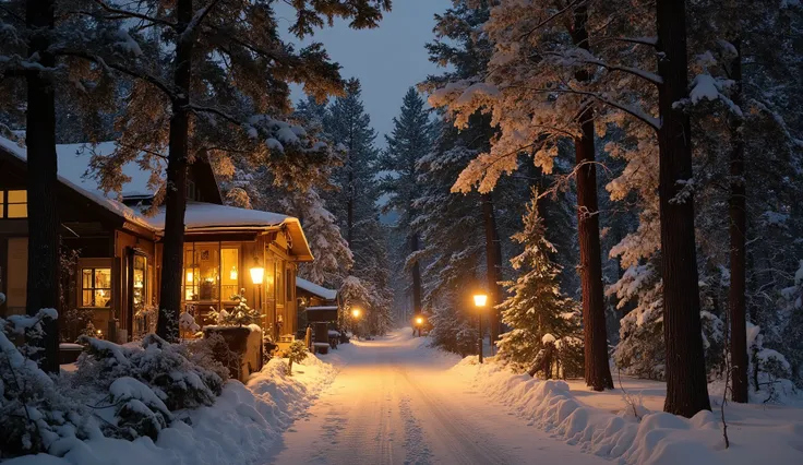 with high contrast neutral dark night highlighting the warm winter village scene with autumn tones. A quiet snowy pine forest surrounded by snow-covered pine trees and houses sparkling with night lights that emit warm light. Earthy tones and cozy colors cr...