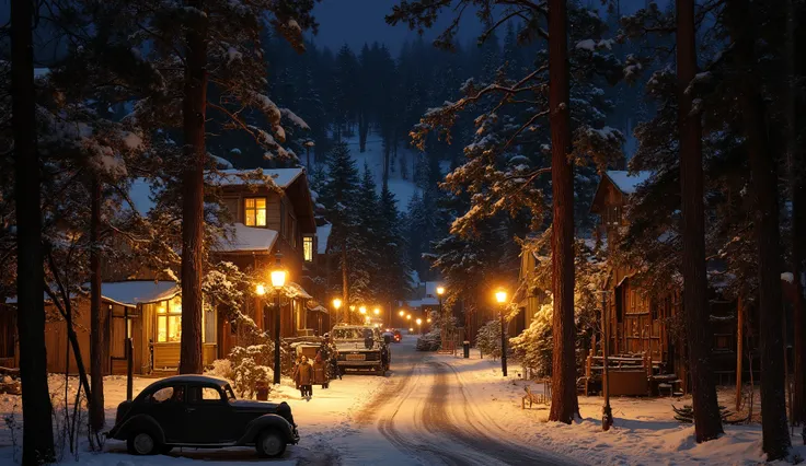 with high contrast neutral dark night highlighting the warm winter village scene with autumn tones. A quiet snowy pine forest surrounded by snow-covered pine trees and houses sparkling with night lights that emit warm light. Earthy tones and cozy colors cr...