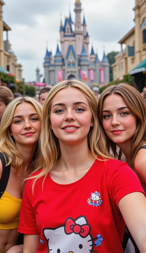 so real 、18 year old girl、(Europe)Very healthy 、There are a few blue-eyed, blond。wearing red Hello Kitty clothes、wearing really big fluffy tops、young s、I'm enjoying it。they're at Disney World。