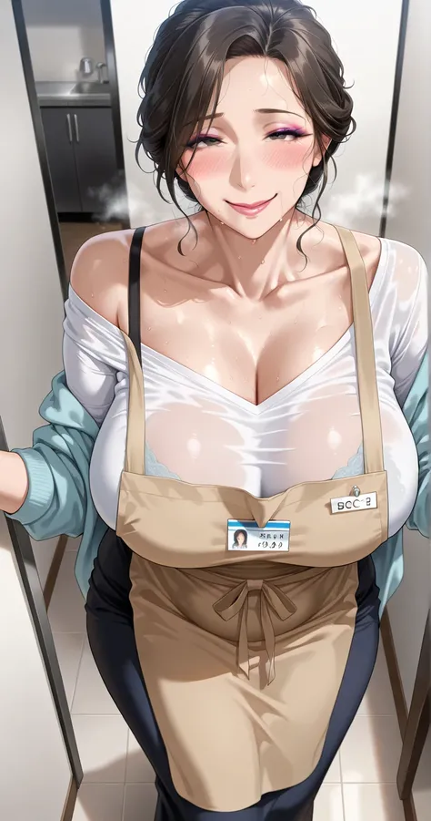 Score_9, Score_8_up, Score_7_up, Score_6_up, Score_5_up, Score_4_up, Source_real, Tag1, Tag2, Quality_masterpiece, Anatomically correct, realistic, Mature Woman(aunty, makeup, (messy hair:0.7), messy clothes, collarbone, off shoulder, big breasts, apron, shirts, long skirt, blush, sweaty, steam, smile),, A kiss mark on her neck, portrait, High-angle view, Fucked silly, realistic, mature woman, 45 year old woman,