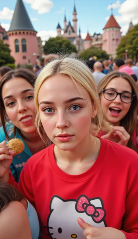 so real 、18 year old girl、(Europe)Very healthy 、There are a few blue-eyed, blond。wearing red Hello Kitty clothes、wearing really big fluffy tops、young s、I'm enjoying it。they're at Disney World。
