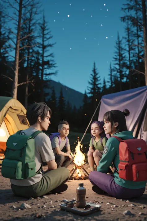 four young adults, camping, survival experts, 2 boys, 2 girls, 1 boy with red backpack, 1 boy with green backpack, 1 girl with blue backpack, 1 girl with purple backpack