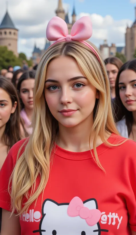 so real 、18 year old girl、(Europe)Very healthy 、There are a few blue-eyed, blond。wearing red Hello Kitty clothes、wearing really big fluffy tops、young s、I'm enjoying it。they're at Disney World。