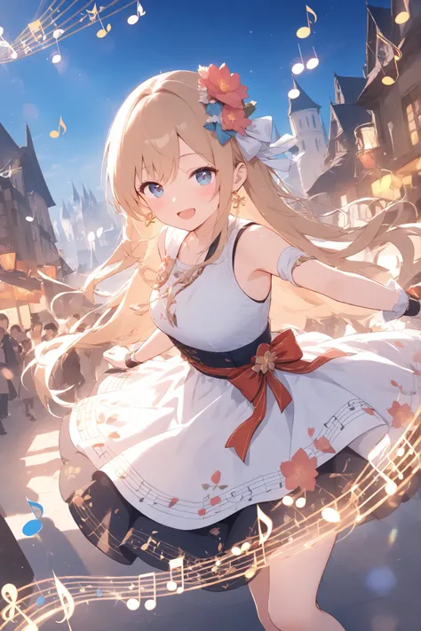 medieval European cityscape、beautiful flowers are displayed、Festival mood、citizens dancing on the street、((musical note))、Light effects、 beautiful effects