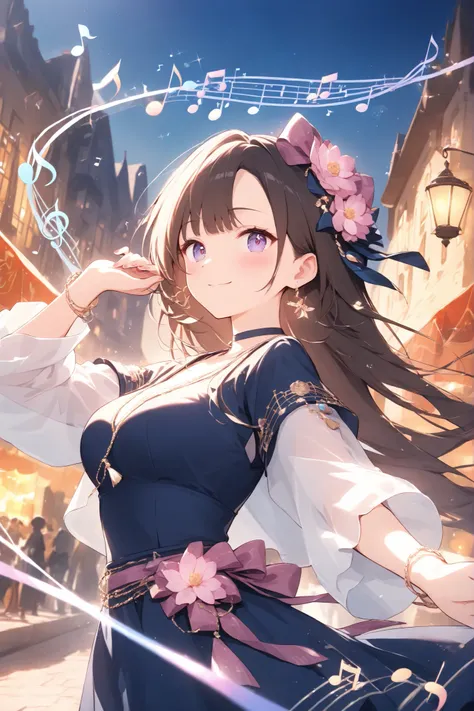 medieval European cityscape、beautiful flowers are displayed、Festival mood、citizens dancing on the street、((musical note))、Light effects、 beautiful effects