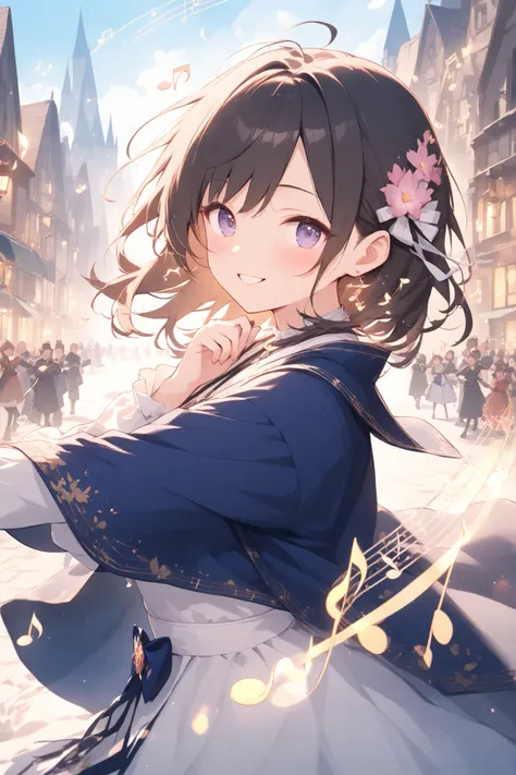 medieval European cityscape、beautiful flowers are displayed、Festival mood、citizens dancing on the street、((musical note))、Light effects、 beautiful effects