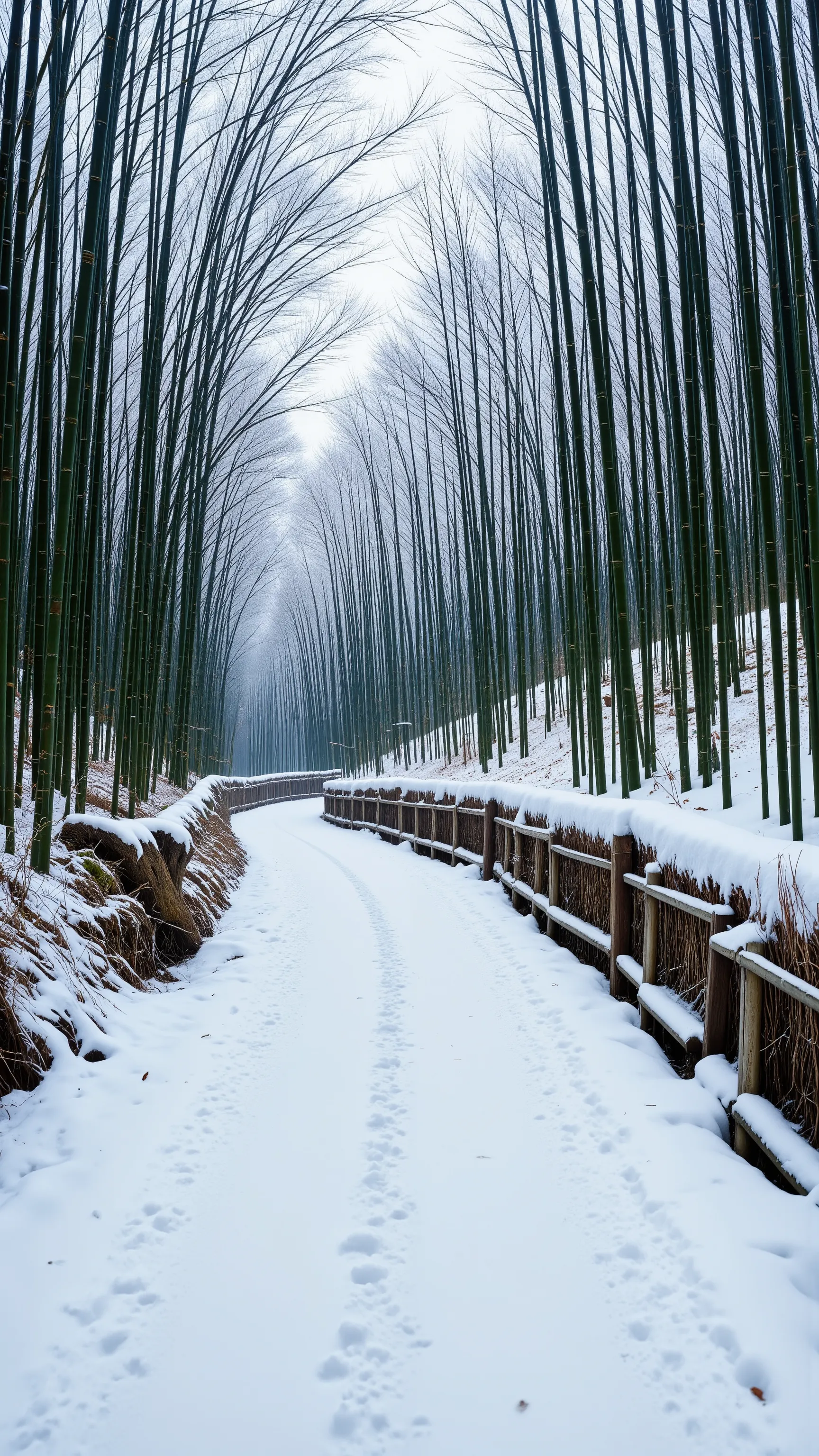 The high-definition image、Snowy landscape along Sagano Bamboo Forest Road in Arashiyama, Kyoto、Snow piled up on bamboo and snow on the road、Spectacular views。