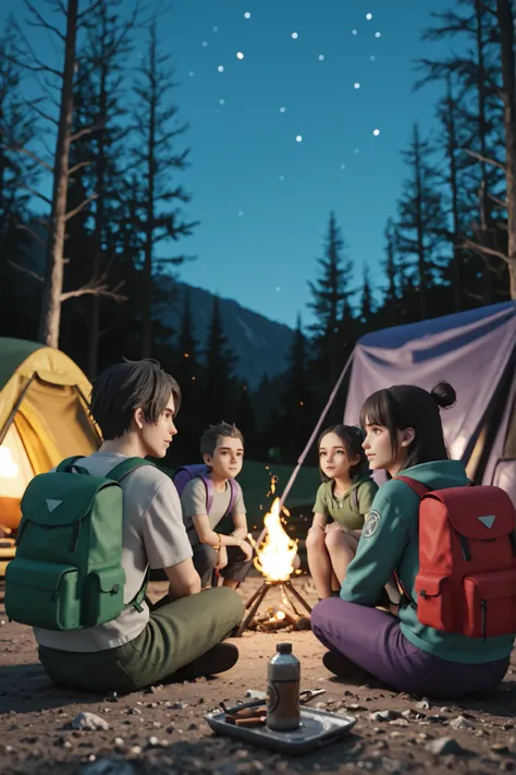 four young adults, camping, survival experts, 2 boys, 2 girls, 1 boy with red backpack, 1 boy with green backpack, 1 girl with blue backpack, 1 girl with purple backpack