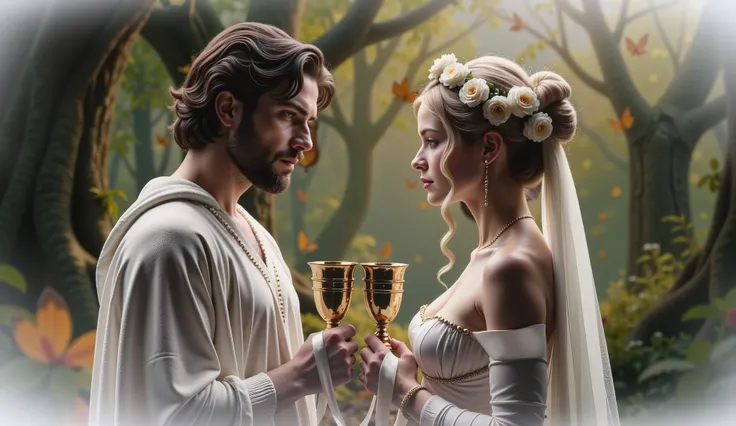 Realistic, cinematic-style scene: Theseus, dark-haired and bearded, and Antíope, a blonde Amazon queen, are getting married. Both are dressed in elegant white tunics. Antíope wears a tiara of white roses with a silk garland. They each hold golden chalices,...