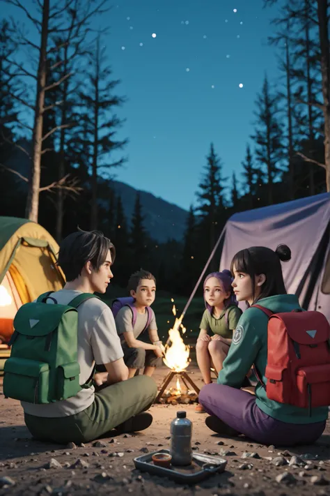four young adults, camping, survival experts, 2 boys, 2 girls, 1 boy with red backpack, 1 boy with green backpack, 1 girl with blue backpack, 1 girl with purple backpack