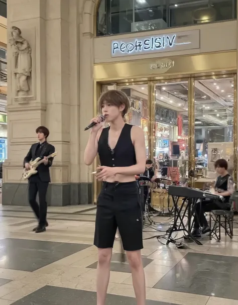 masterpiece, Realistic, photo writing quality, Best quality, Ultra High Resolution, absurd, Japanese Idol Boy Band Sings in Grand Plaza in Front of Department Store Door(Four people : Vocalist Holding Microphone Wearing Black Sleeveless Buttonless Shorts W...
