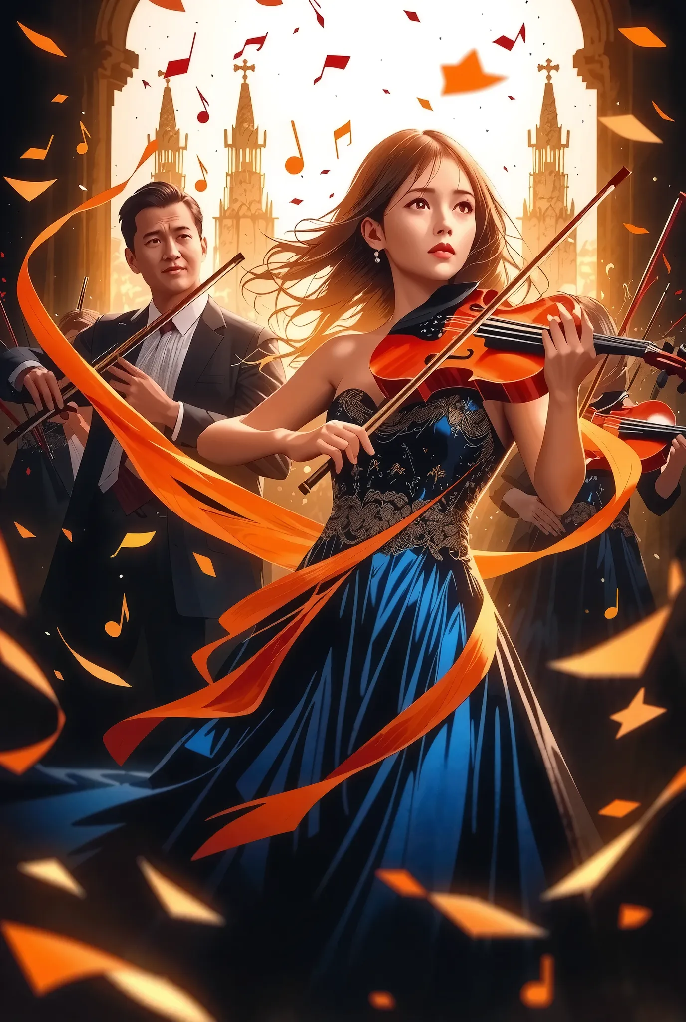 The sounds played by beautiful violinists form a baroque concert hall, The sound emitted from the instrument changes into musical notes and overflows through the city、The background where the whole town blends seamlessly into a concert hall,
changes the d...