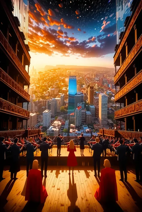 The sounds played by beautiful violinists form a baroque concert hall, The sound emitted from the instrument changes into musical notes and overflows through the city、The background where the whole town blends seamlessly into a concert hall,
changes the d...
