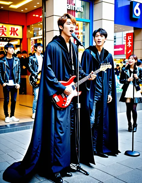 masterpiece, Realistic, photo writing quality, Best quality, Ultra High Resolution, absurd, Japanese Idol Boy Band Sings in Grand Plaza in Front of Department Store Door(Four people: Vocalist with Microphone Wearing Black Cloak with Bare Bust, Guitarist, P...