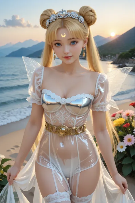 NSFW,princessserenity, blue eyes, white hair, twintails, double bun, hair ornament, forehead mark, earrings, clear plastic dress, cleavage, puffy short sleeves,1 girl,(Japanese girl, , 170 cm tall, proportions 9:1, bust 33, waist 21, hips 34, blonde hair, ...