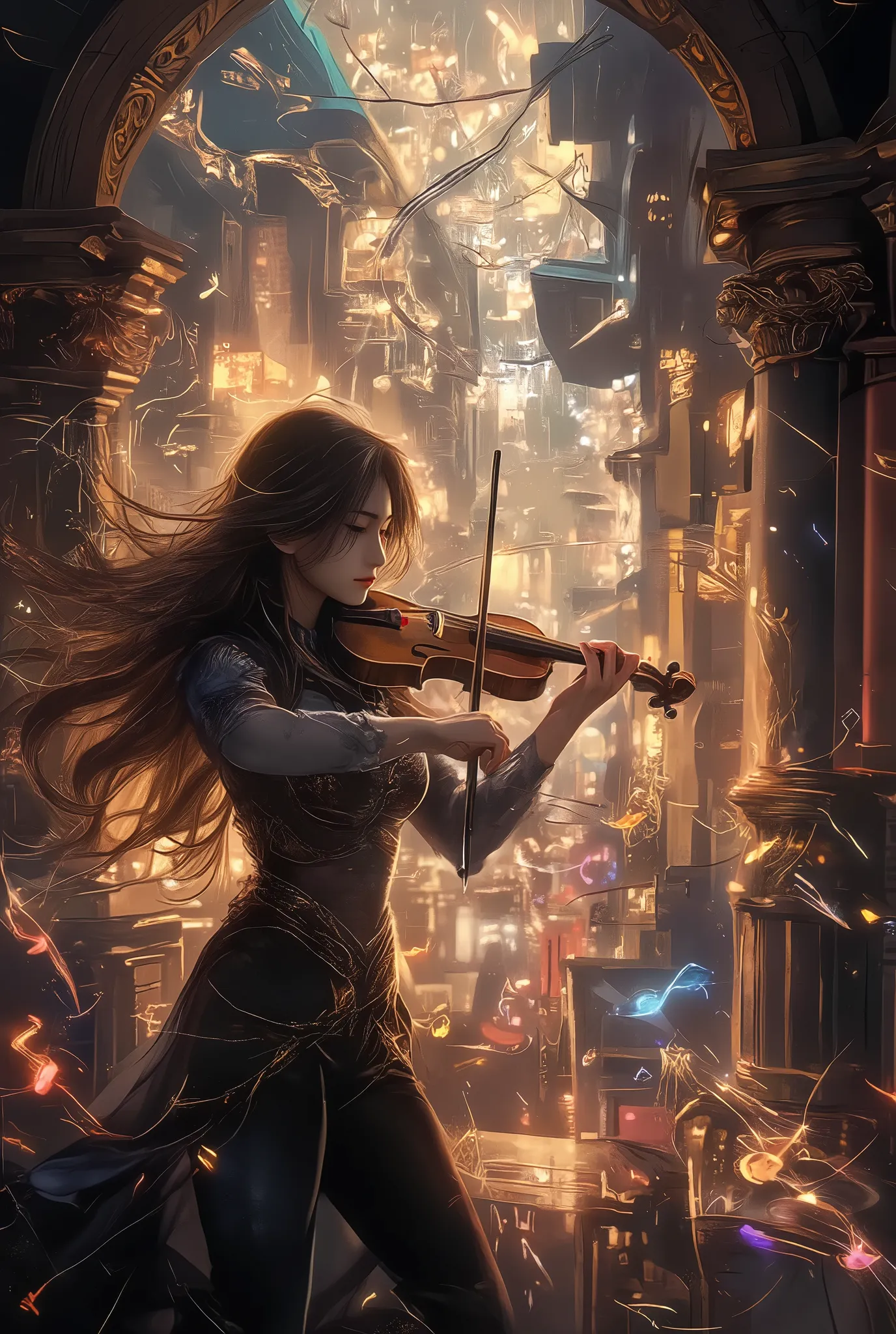 The sounds played by beautiful violinists form a baroque concert hall, The sound emitted from the instrument changes into musical notes and overflows through the city、The background where the whole town blends seamlessly into a concert hall,
changes the d...