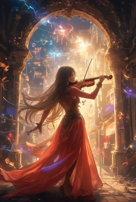 The sounds played by beautiful violinists form a baroque concert hall, The sound emitted from the instrument changes into musical notes and overflows through the city、The background where the whole town blends seamlessly into a concert hall,
changes the d...