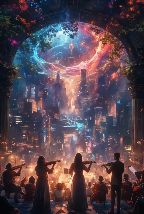 (The sounds played by beautiful violinists form a baroque concert hall, The sound emitted from the instrument changes into musical notes and overflows through the city、The background where the whole town blends seamlessly into a concert hall),
from above,...