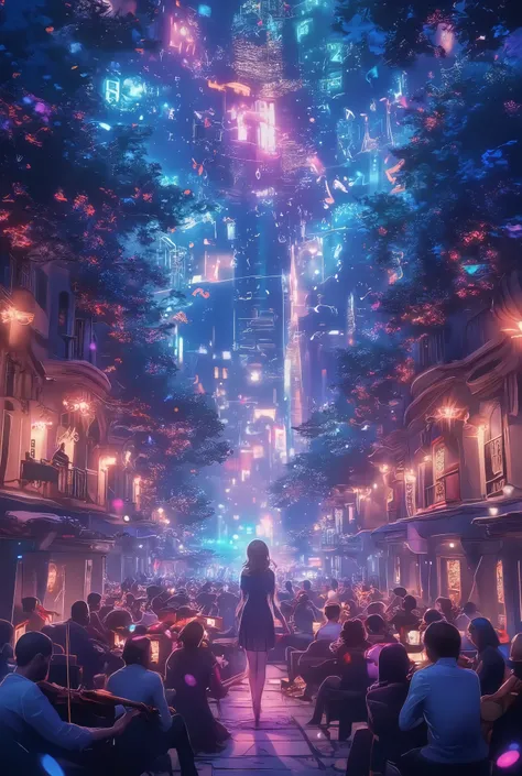 (The sounds played by beautiful violinists form a baroque concert hall, The sound emitted from the instrument changes into musical notes and overflows through the city、The background where the whole town blends seamlessly into a concert hall),
from above,...
