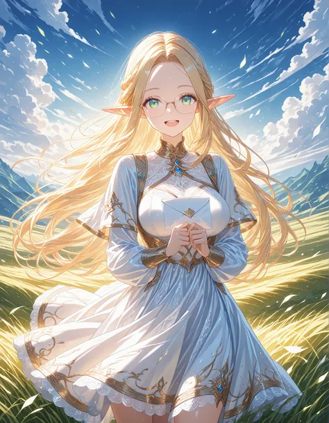 (fantasic illustrations),grassland,wind,flying grass,1girl,solo,cowboy shot,(elf),shiny blonde hair,long hair,forehead,glasses,big smile,wide open mouth,large breasts,pure white dress,airly dress,(holding a white letter envelope),((masterpiece, best qualit...