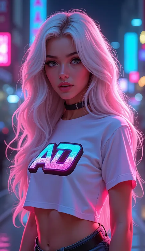 A striking digital illustration of a beautiful young woman with long, wavy white hair featuring subtle pink highlights, styled in a cropped white t-shirt adorned with a vibrant, graffiti-style "AD" logo. The composition is captured from a waist-up perspect...