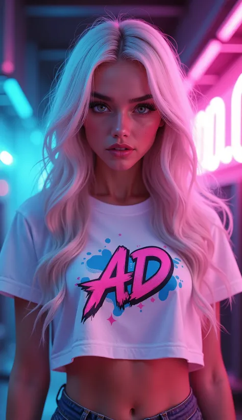 A striking digital illustration of a beautiful young woman with long, wavy white hair featuring subtle pink highlights, styled in a cropped white t-shirt adorned with a vibrant, graffiti-style "AD" logo. The composition is captured from a waist-up perspect...