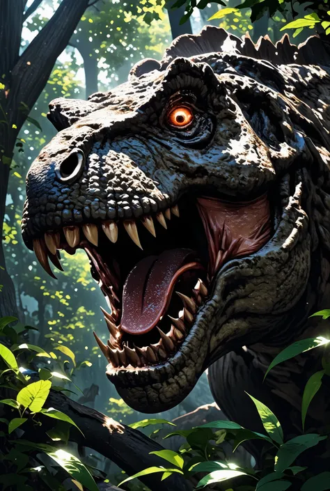 roaring expression , tyrannosaurus dinosaur, detailed skin texture in one tape, natural prehistoric forest, scattered trees々and leaves, daylight, Light from above and behind, moon visible in the sky, Dramatic Shadow, wild and ancient atmosphere,  low angle...