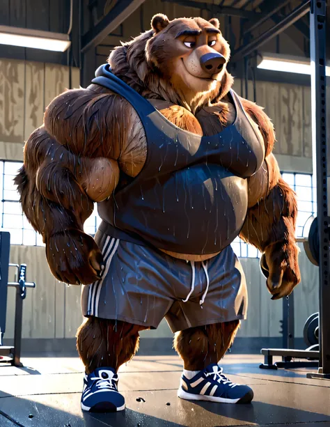 bara kodiak brown bear, strong physique, perfect anatomy, masterpiece, brown mustache and beard, wrinkles, huge brown fur, solo, great lighting, added eyes with red pupils, huge muscular, gym shorts, gym socks and shoes, hoodie sleeveless, gym watch, gym s...