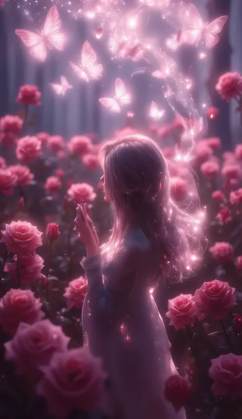 ((Masterpiece, high-quality, soft fantasy lighting, 8K romantic atmosphere)) – A woman with flowing silver hair stands in a field of roses at twilight, her silhouette barely visible among the petals. From her hands rises a trail of pink mist, shaped like ...