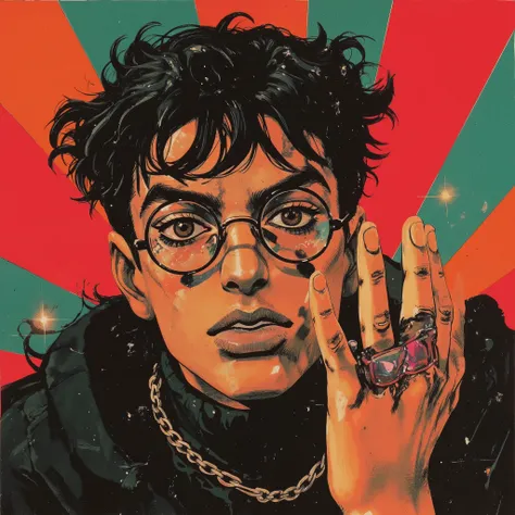 (masterpiece:1 . 2 , Premium Quality , Mirror Finish , cinematic experience , Best illustrations:2 . 0 ) , 8k , 16k , male model doing the JoJo pose , bizare jojo pose , exuding chaotic energy , Black hair , round glasses , brown eyes , perfect hand , five...